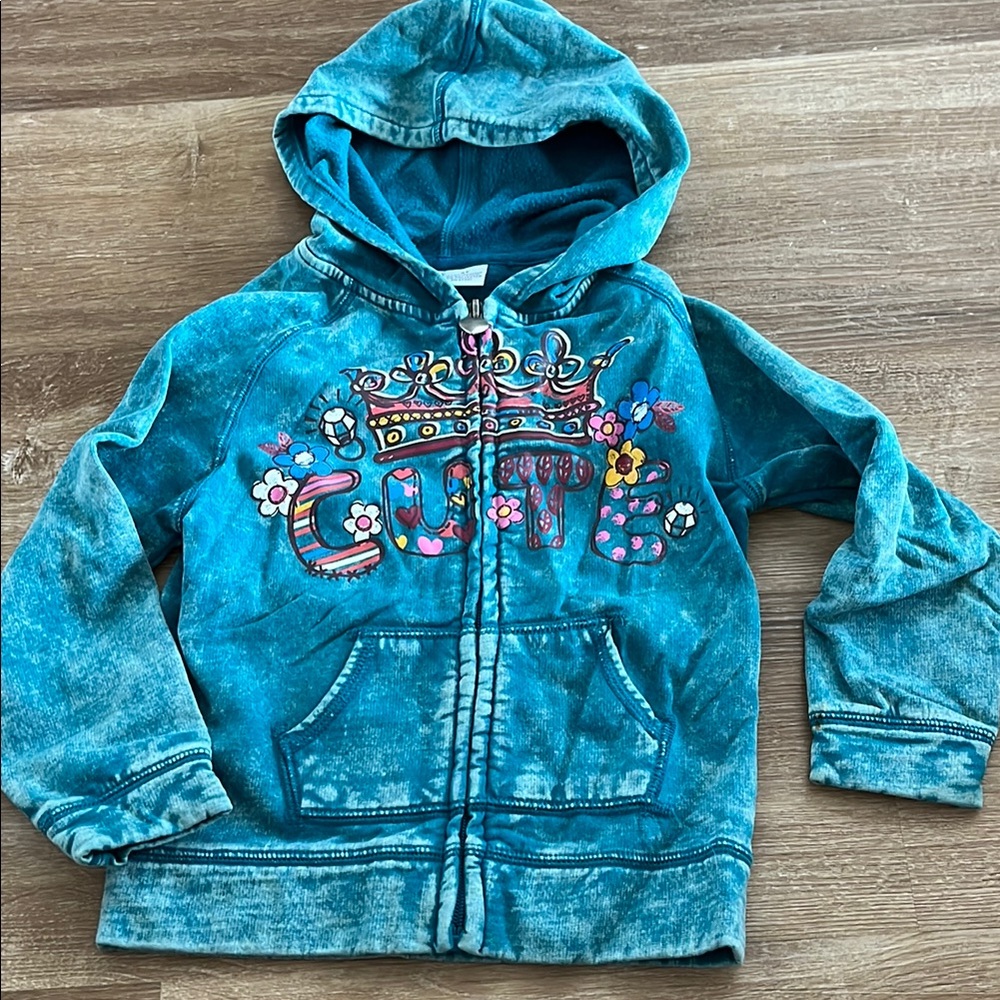 Teal Hoodie with Heart Zipper and Floral Design